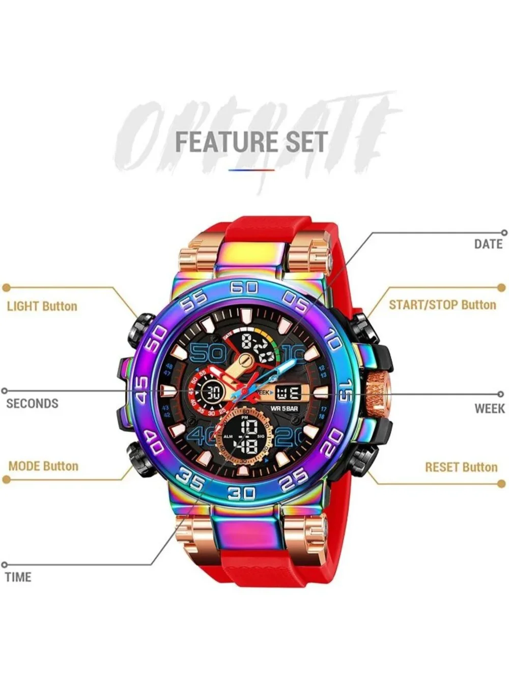 Men's Red Analog Quartz Waterproof Sports Outdoor Military LED Digital Watch